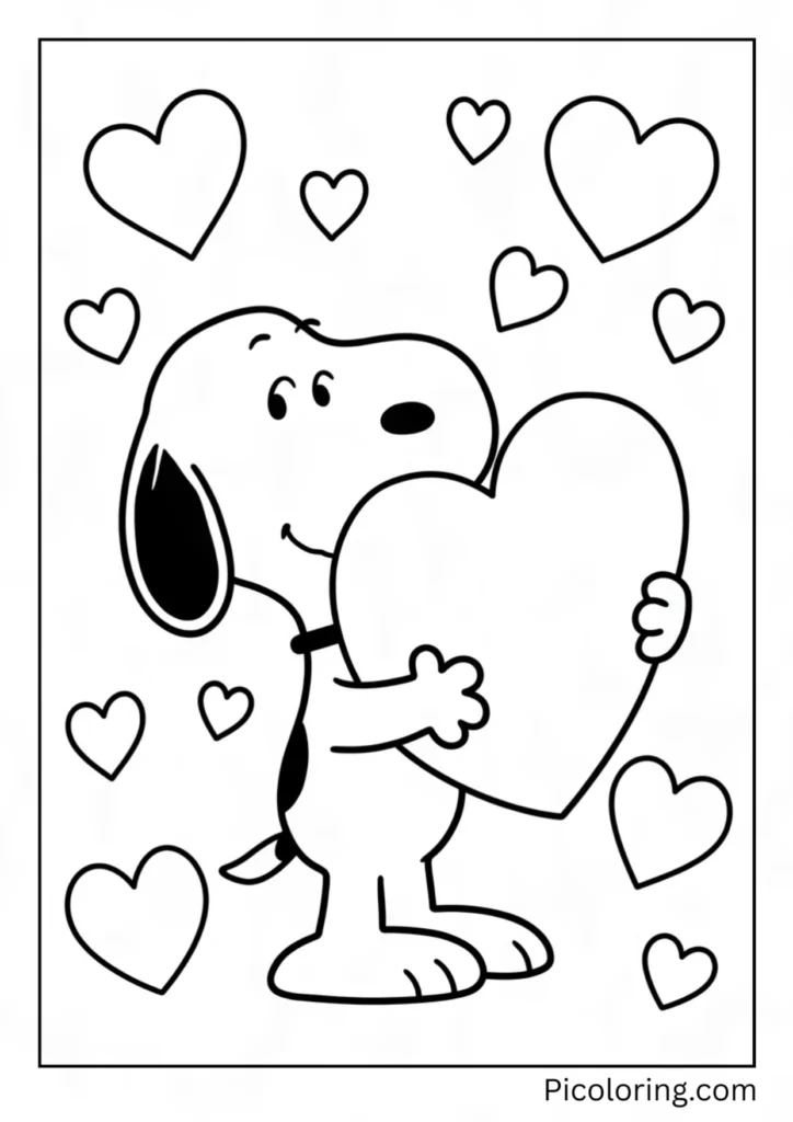 Snoopy hugs a giant heart-shaped card surrounded by floating hearts with a sweet blushing smile