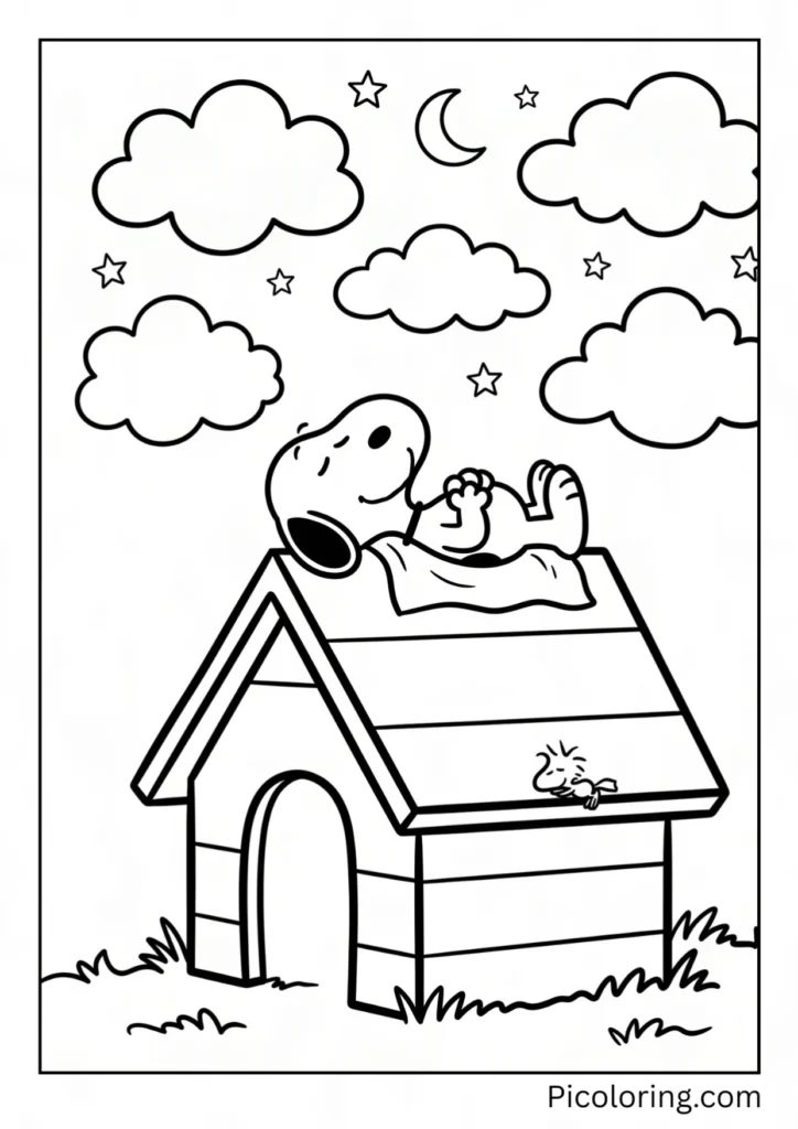 Snoopy naps peacefully atop his red doghouse, belly up, dreamy clouds floating above his smile