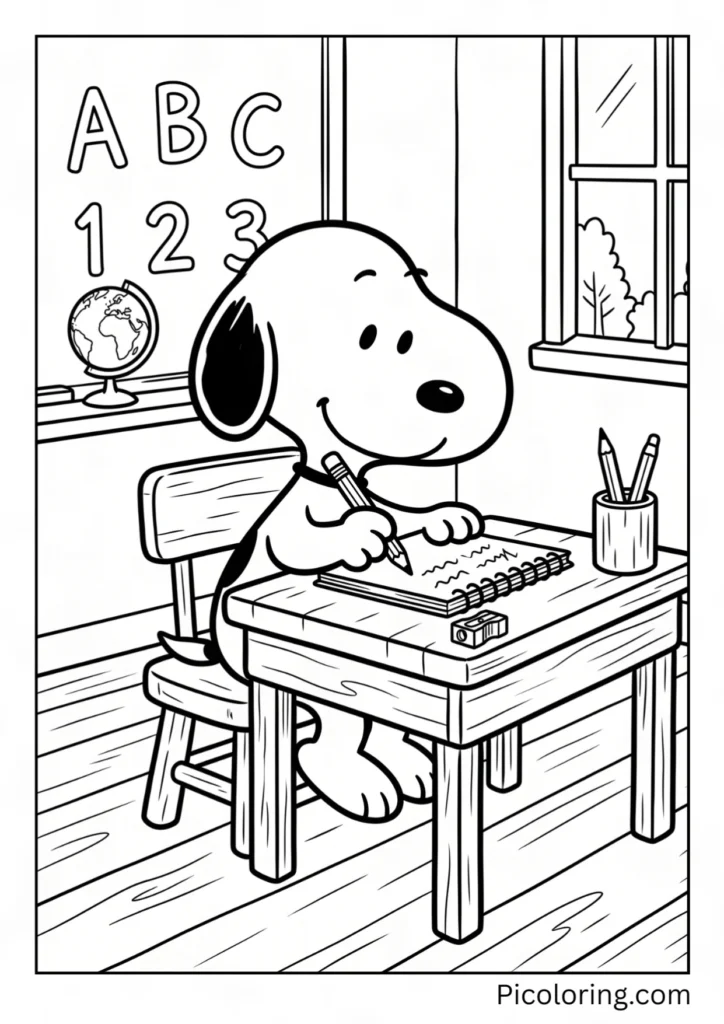 Snoopy sits at a school desk with pencil and notebook, tongue out in focus