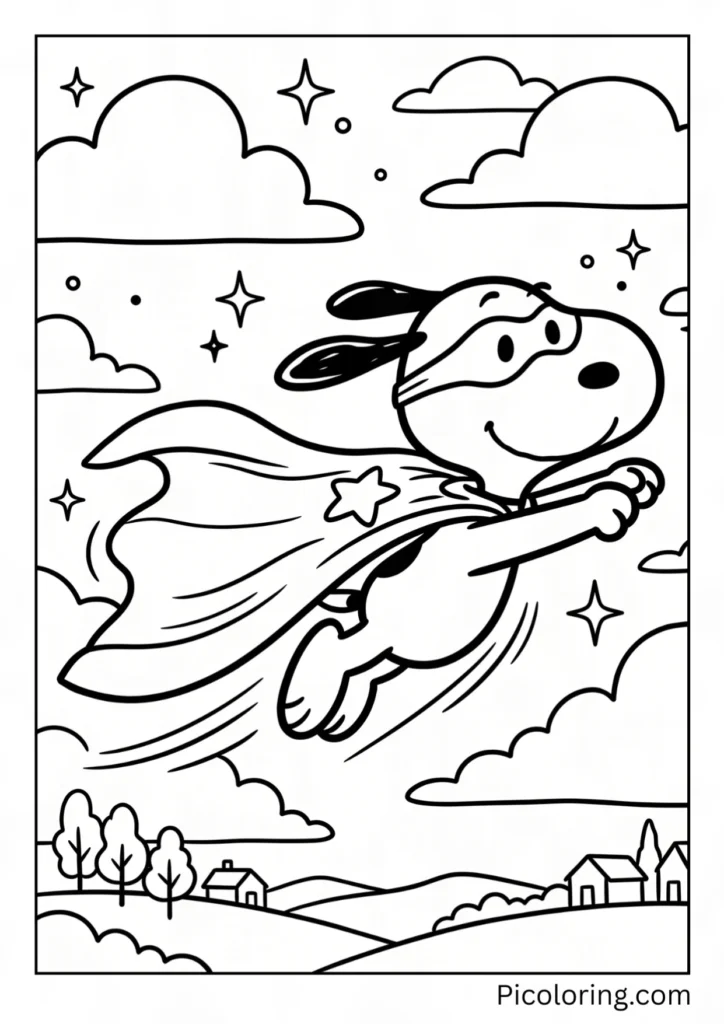 Snoopy soars through the sky wearing a flowing cape and mask in a heroic pose