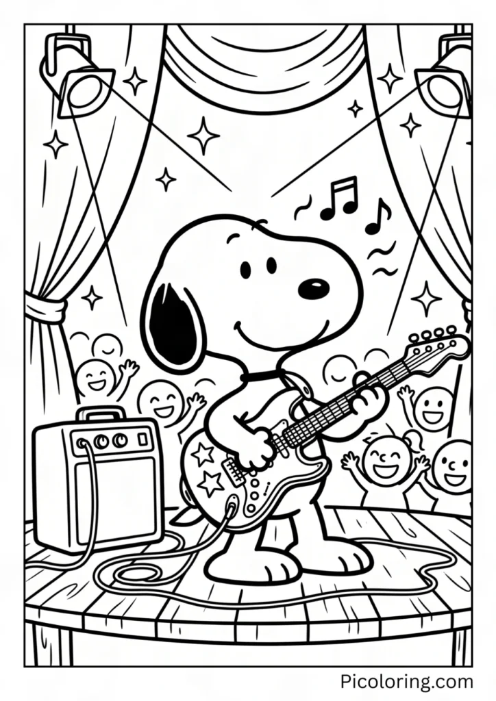 Snoopy strums an electric guitar on stage under bright lights for a cheering crowd