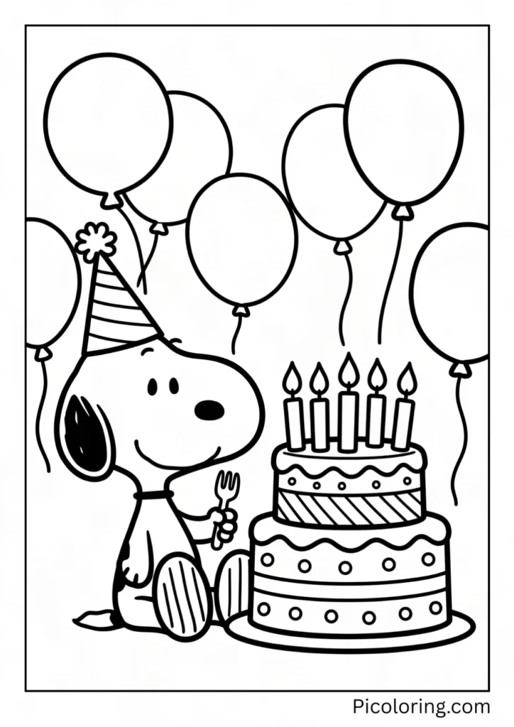 Snoopy wears a party hat blowing out candles on a cake with balloons everywhere