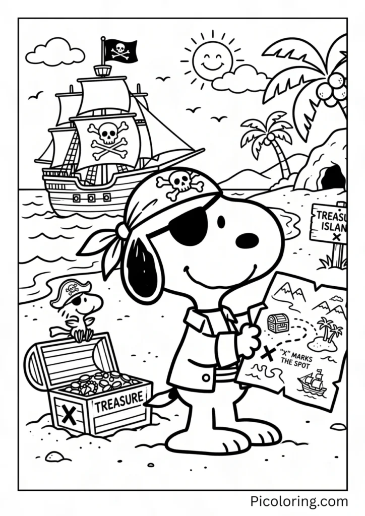 Snoopy wears an eye patch steering a ships wheel with a treasure map in paw