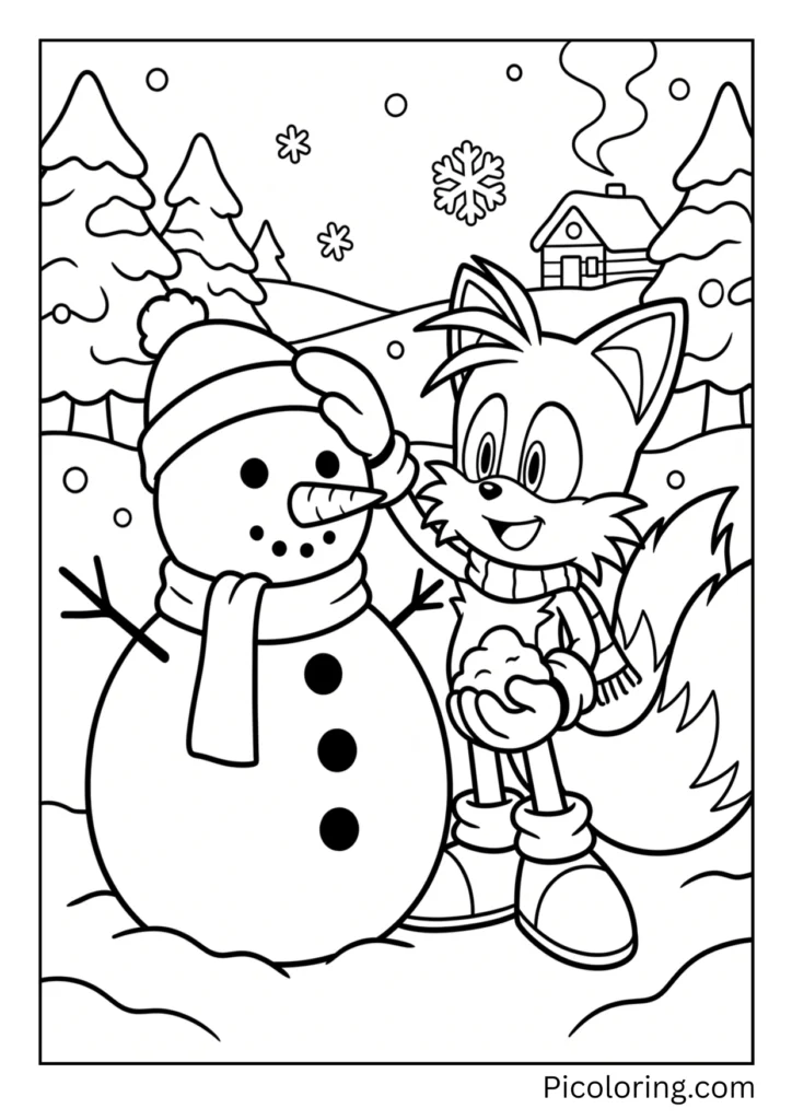 Tails building a snowman in winter