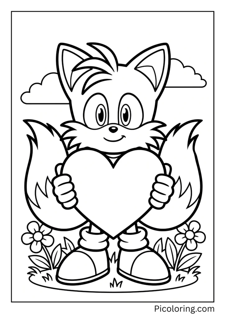 Tails holding a big heart-shaped card