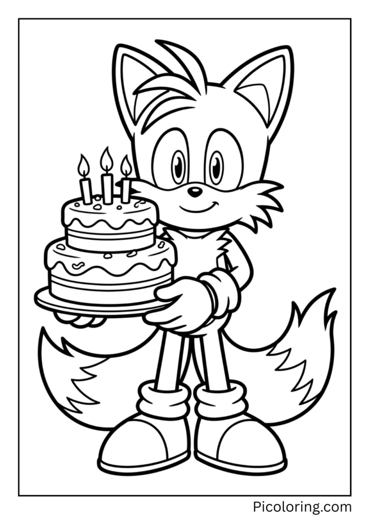 Tails holding a birthday cake with candles