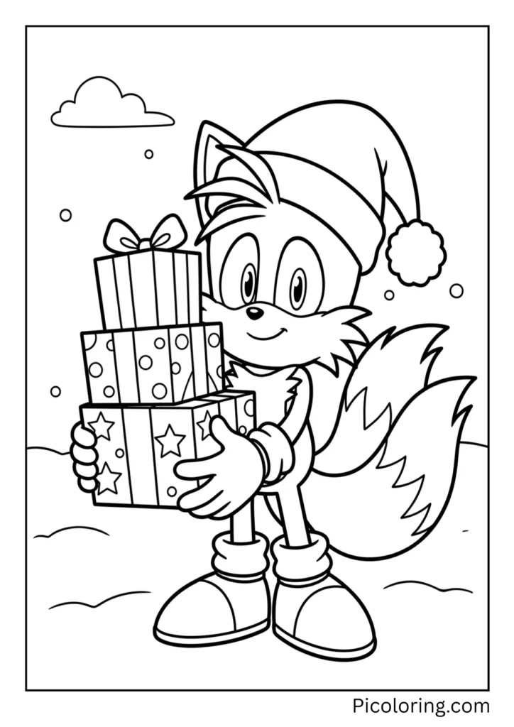 Tails in a Santa hat holding presents