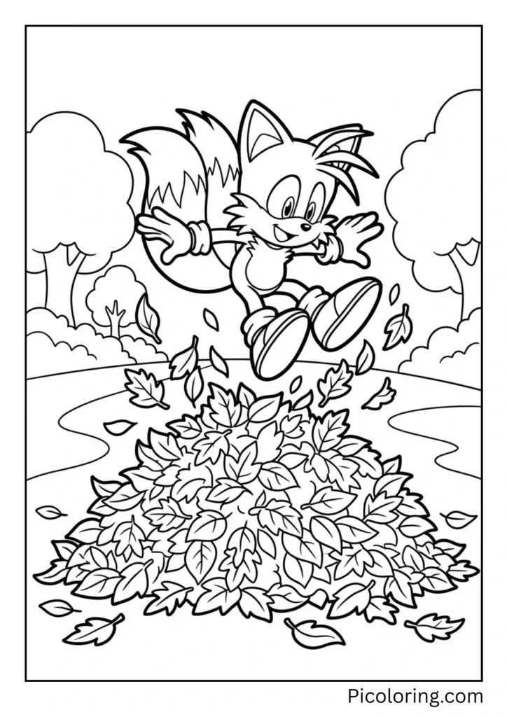 Tails jumping in a pile of autumn leaves