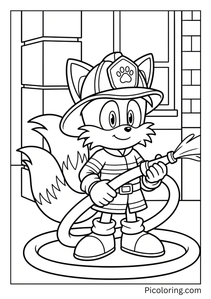 Tails wearing a fire helmet holding a water hose