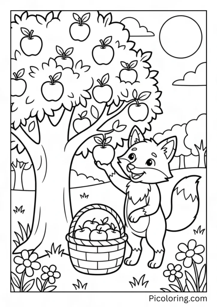 A cheerful fox picking ripe red apples from a tree into a basket