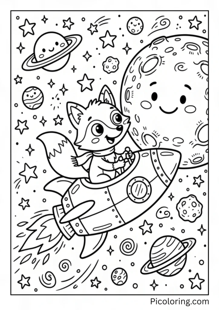 A curious fox riding a rocket ship zooming past a giant smiling moon