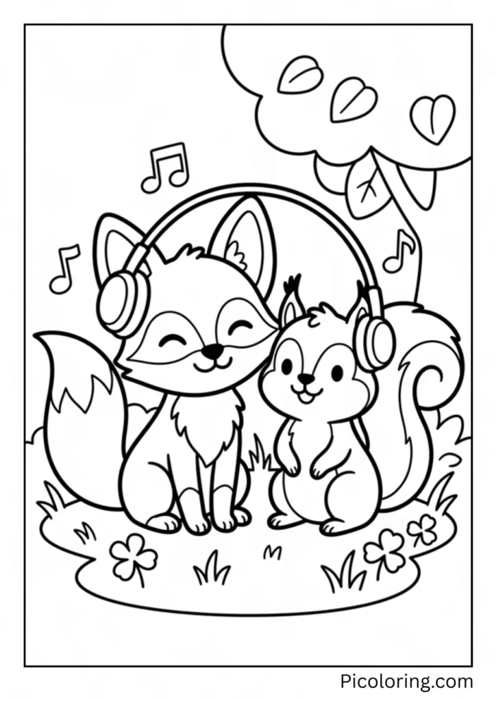 A fox and a squirrel friend sharing headphones listening to music on grass