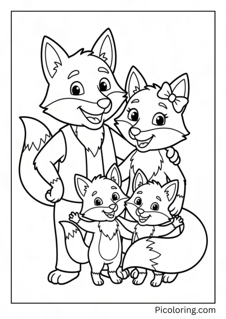 A fox family posing together for a happy photo in front of their home