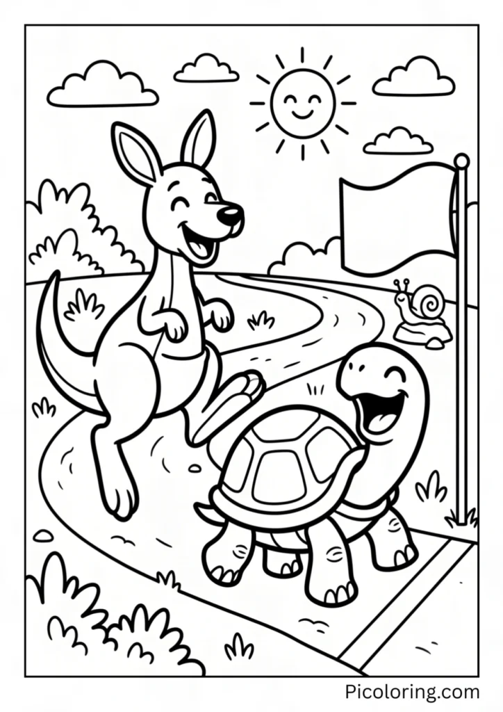 A kangaroo and a turtle racing slowly and laughing