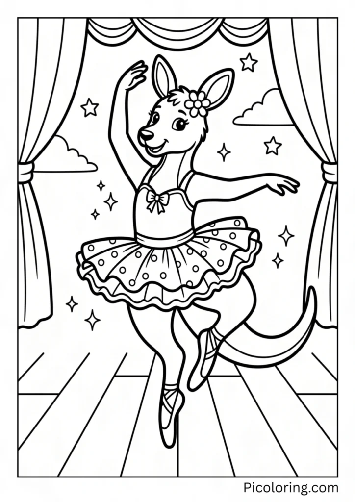 A kangaroo ballerina dancing gracefully on tiptoes wearing a tutu