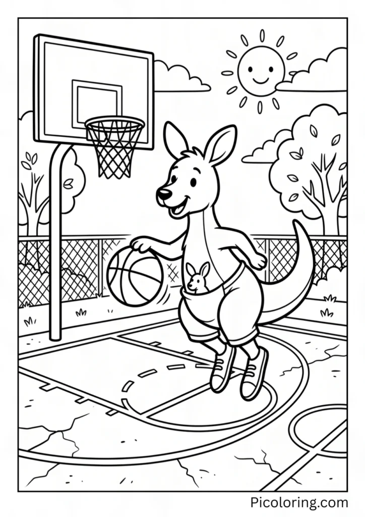 A kangaroo bouncing a basketball on a sunny court