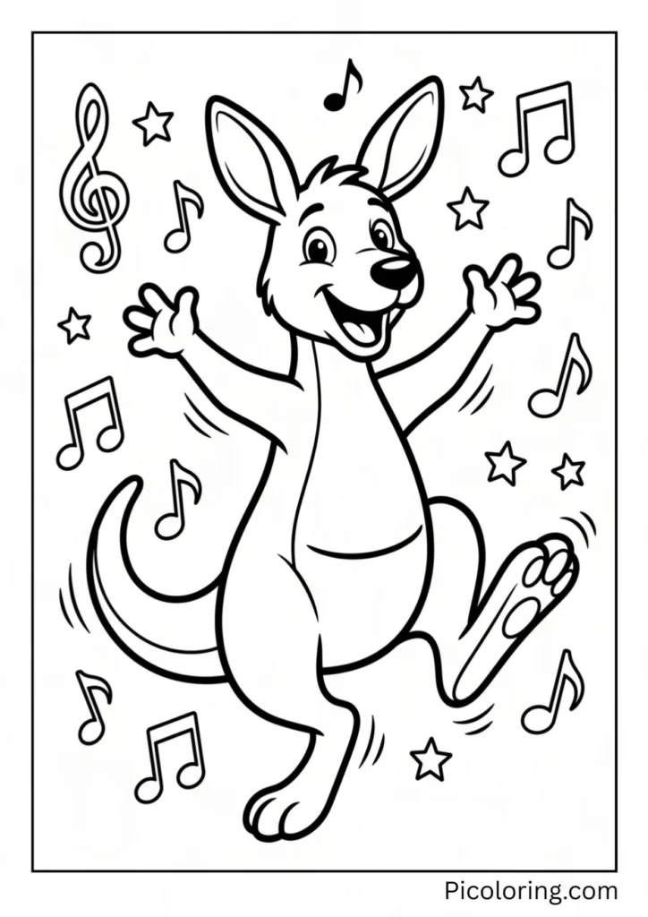 A kangaroo dancing with musical notes all around it