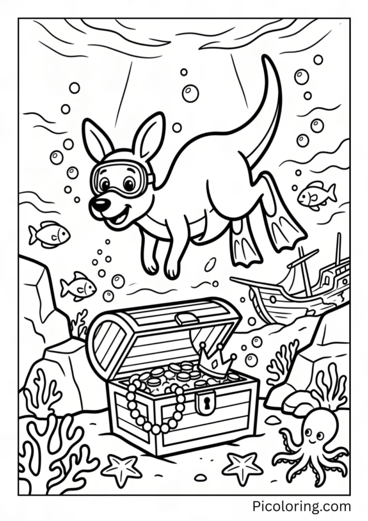 A kangaroo diving deep into the ocean discovering a treasure chest full of gold and gems