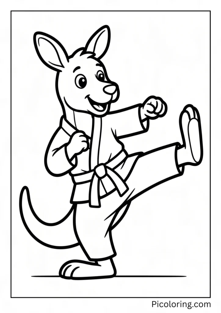 A kangaroo doing karate with a white belt on