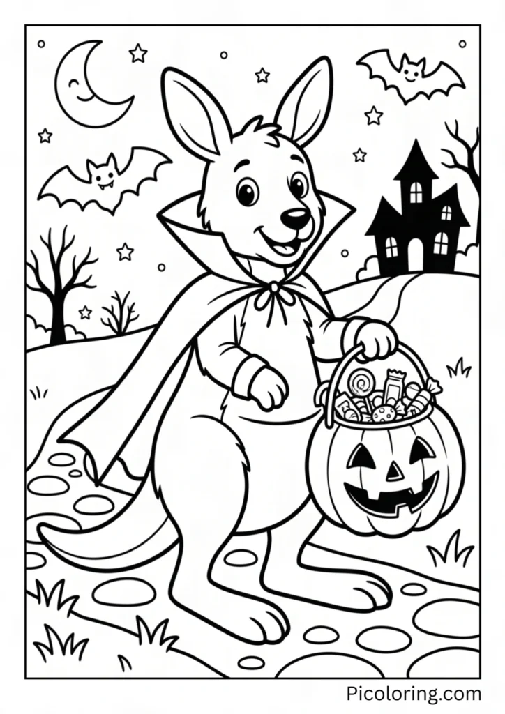 A kangaroo dressed as a vampire for Halloween carrying a pumpkin bucket full of candy