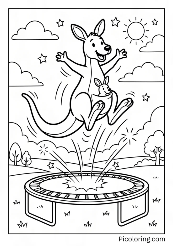 A kangaroo jumping on a trampoline very high up