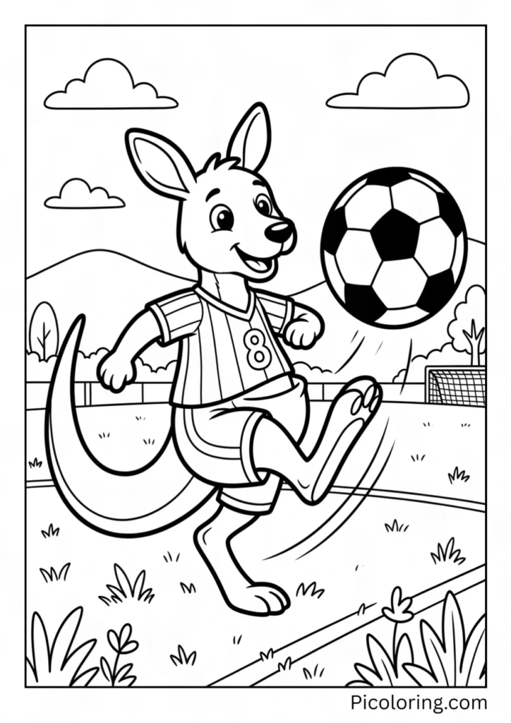 A kangaroo playing soccer and kicking a big ball