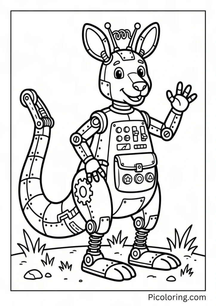 A kangaroo robot with buttons and a metal tail