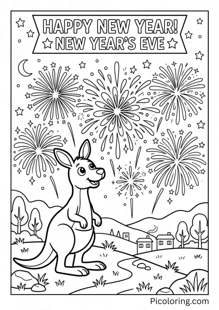 A kangaroo watching colorful fireworks on New Year Eve