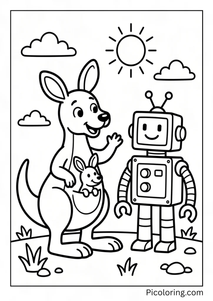 A kangaroo waving hello to a robot friend