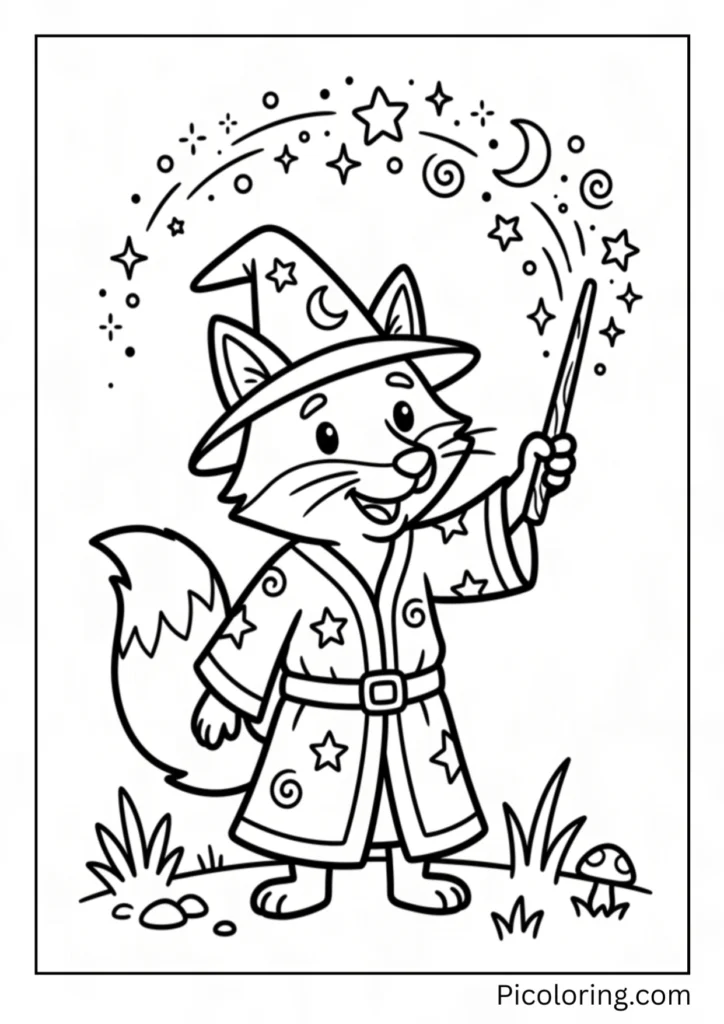A magical fox wearing a wizard hat casting sparkles from a glowing wooden wand