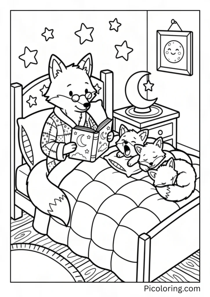 A mama fox reading a bedtime story to three sleepy little fox cubs
