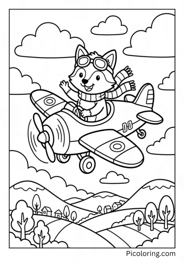 A pilot fox flying an airplane high above fluffy clouds and green hills