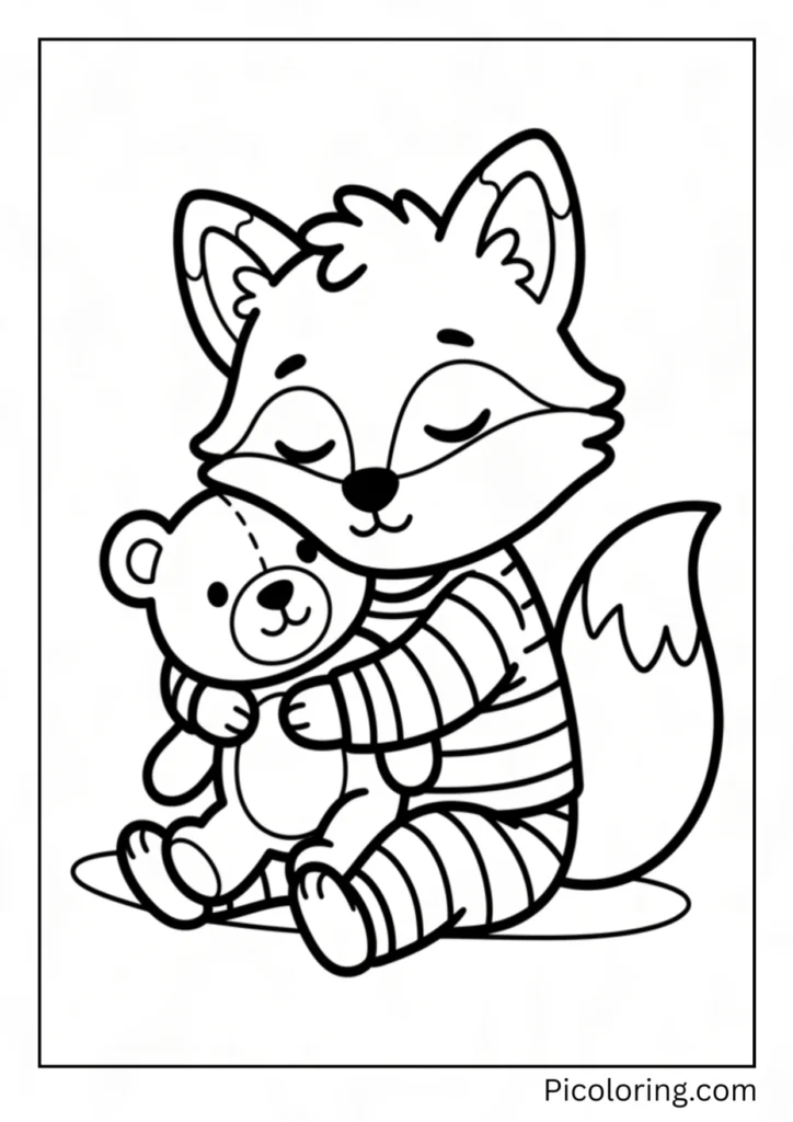 A sleepy fox yawning in striped pajamas holding a soft teddy bear tightly