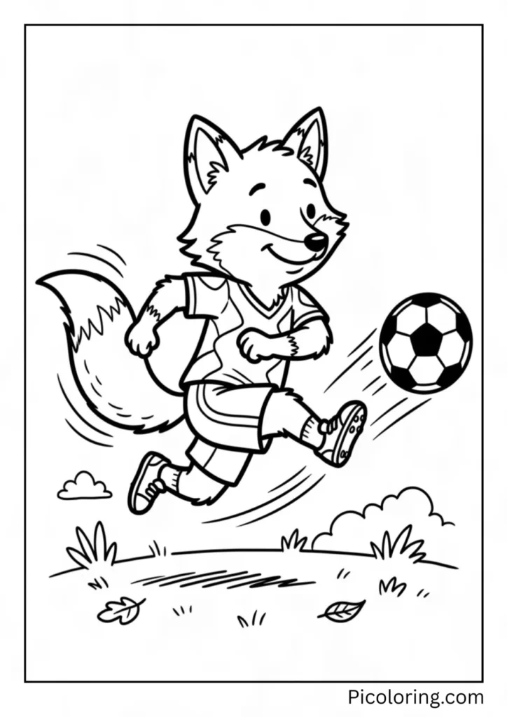 A speedy fox kicking a soccer ball across a bright green sunny field