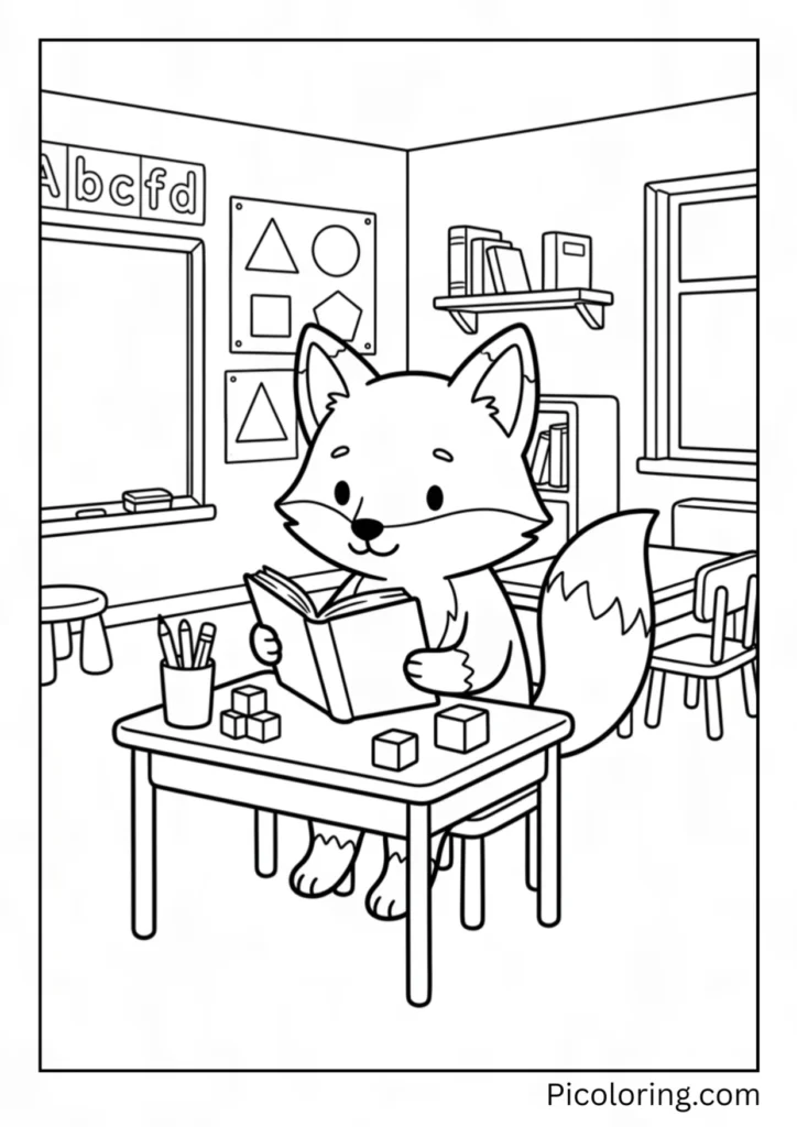 A studious fox reading a big book at a desk inside a classroom