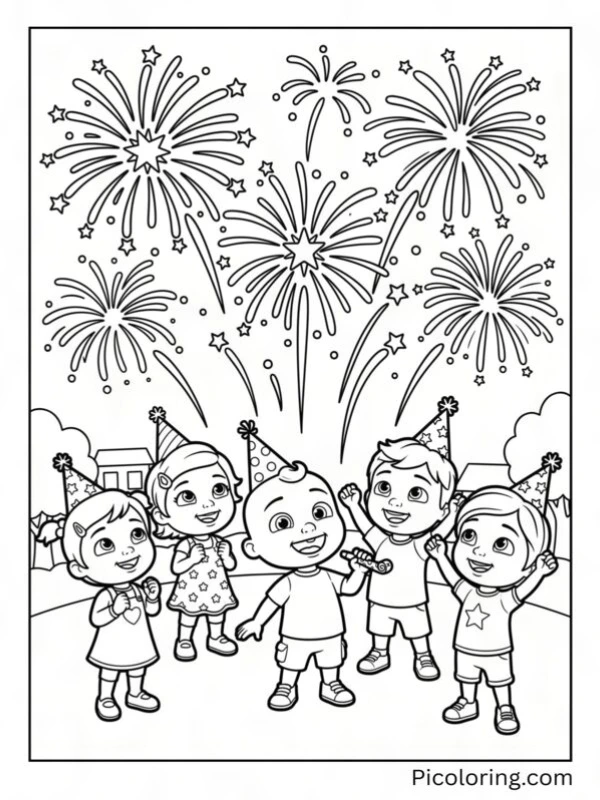 All Cocomelon friends celebrating New Year with bright fireworks