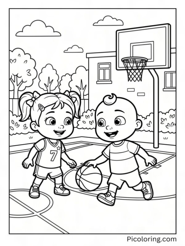 Bella and JJ playing basketball at the school court