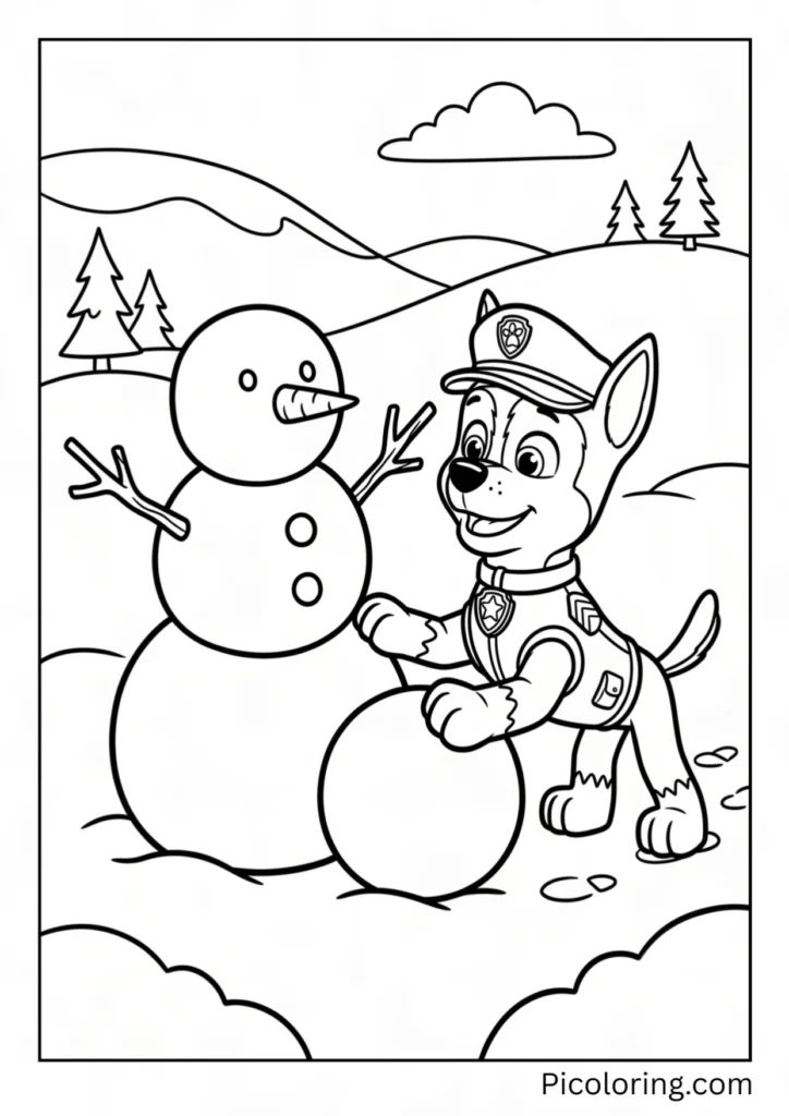 Chase builds a round snowman with a carrot nose and stick arms