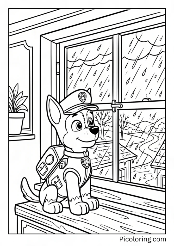 Chase looking out the window at rain