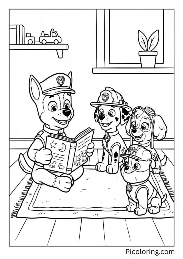 Chase reads a big storybook aloud to three puppies sitting on rug
