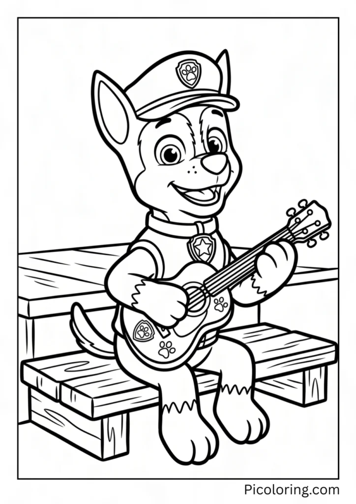 Chase strums a small guitar while sitting on a wooden porch step