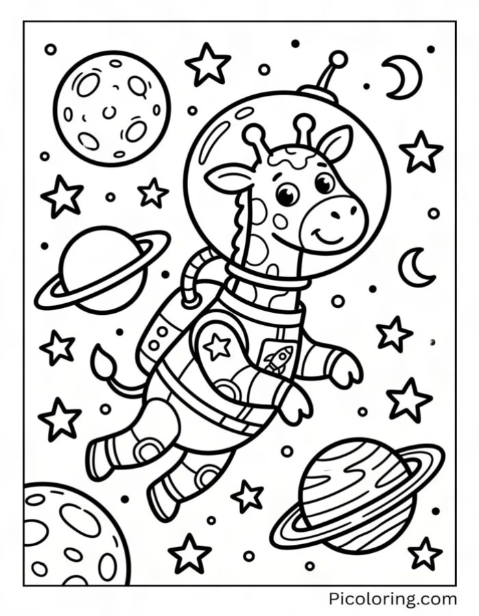 Giraffe astronaut floating in space among stars and planets