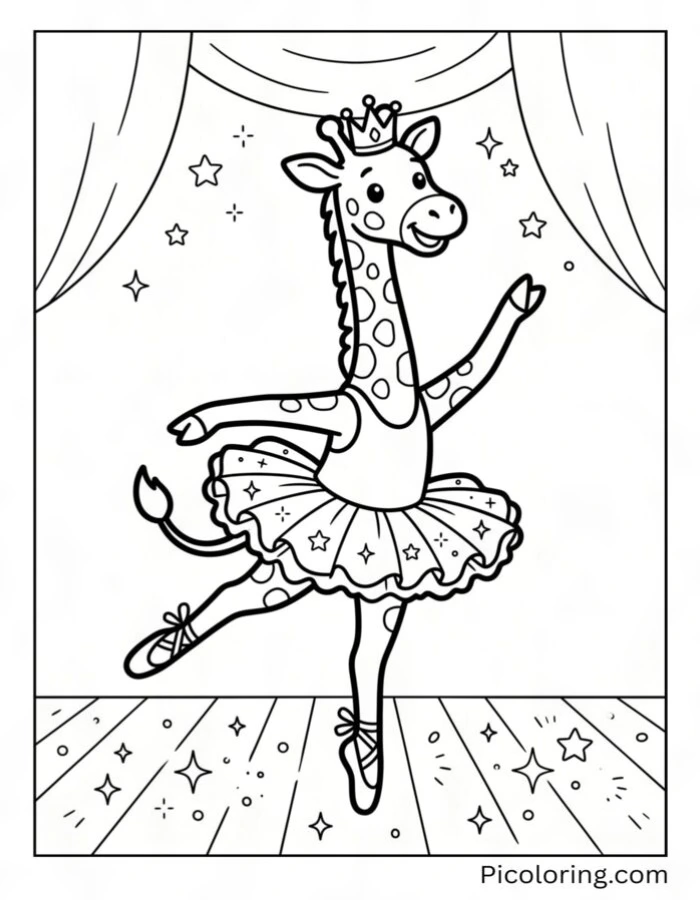 Giraffe dancing ballet in a tutu on a sparkly stage