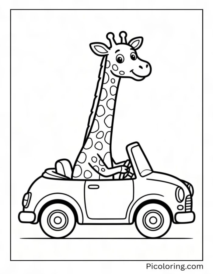 Giraffe driving a red convertible car with its neck poking out