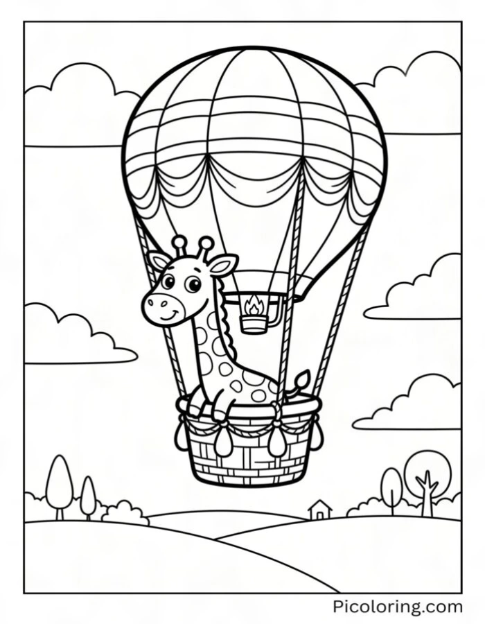 Giraffe floating in a hot air balloon over the countryside