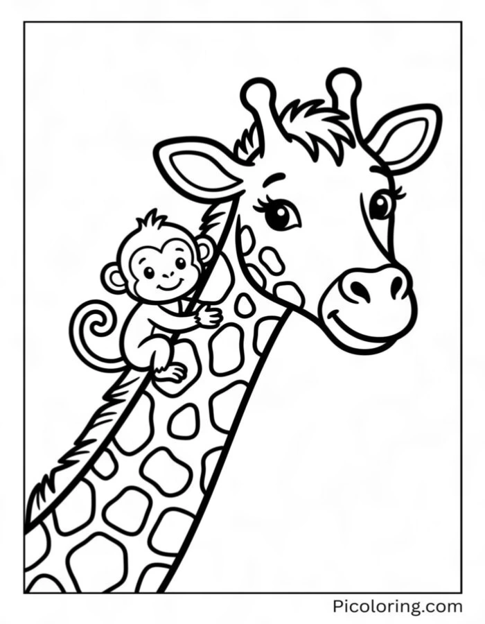 Giraffe giving a tiny monkey a fun ride on its neck