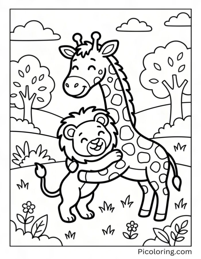 Giraffe hugging a lion cub in a sweet friendly moment
