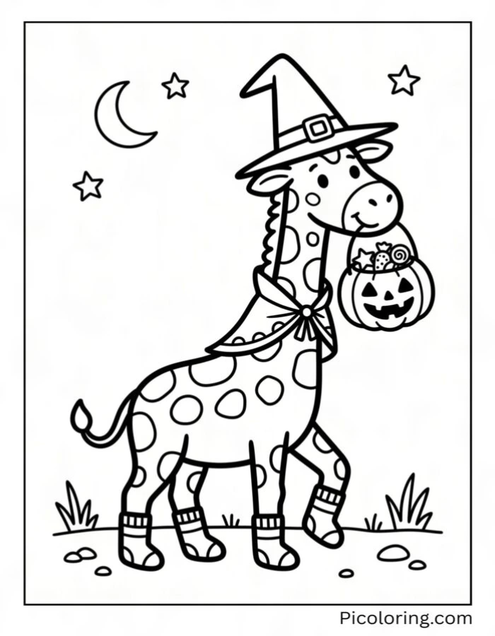 Giraffe in a witch costume carrying a pumpkin candy bucket