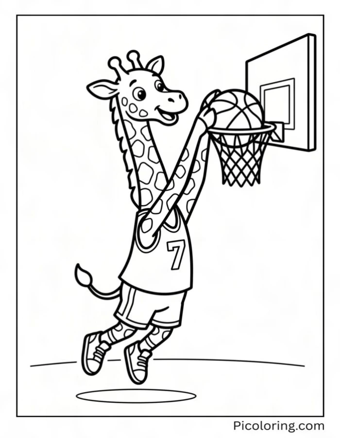 Giraffe playing basketball and dunking easily with its long neck
