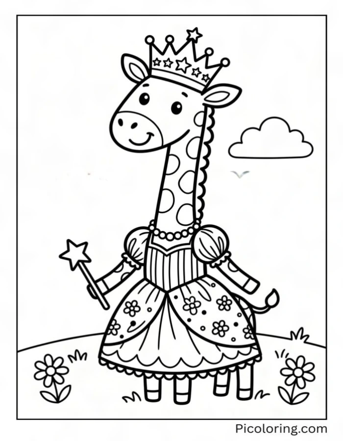 Giraffe princess wearing a crown inside a magical castle